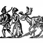 Sami man and woman with reindeer by Johannes Schefferus 1673.jpg